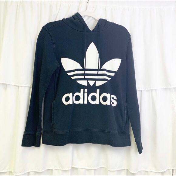 Adidas Trefoil Hoodie in Black/White Pockets Sweatshirt Size Small - Picture 2 of 8